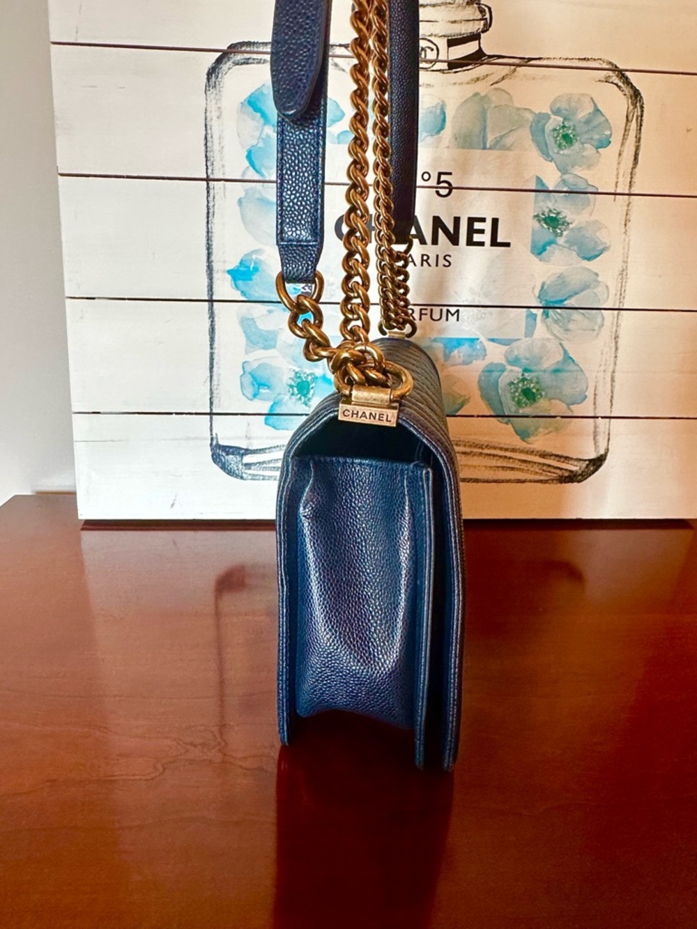 CHANEL Dark Navy Quilted Boy Flap Shoulder Bag with Gold Chain - Picture 2 of 16